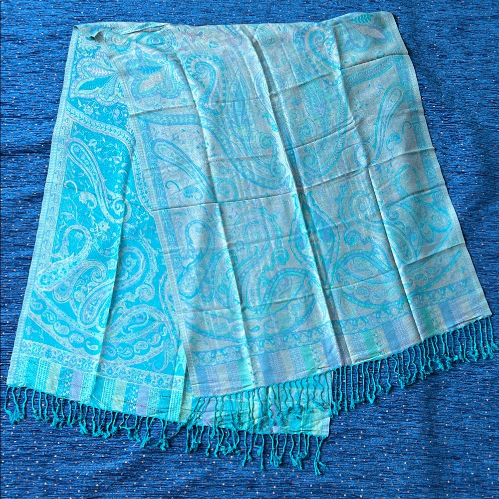 100% cashmere scarf: fringe, blue pinks and purples Graphic border